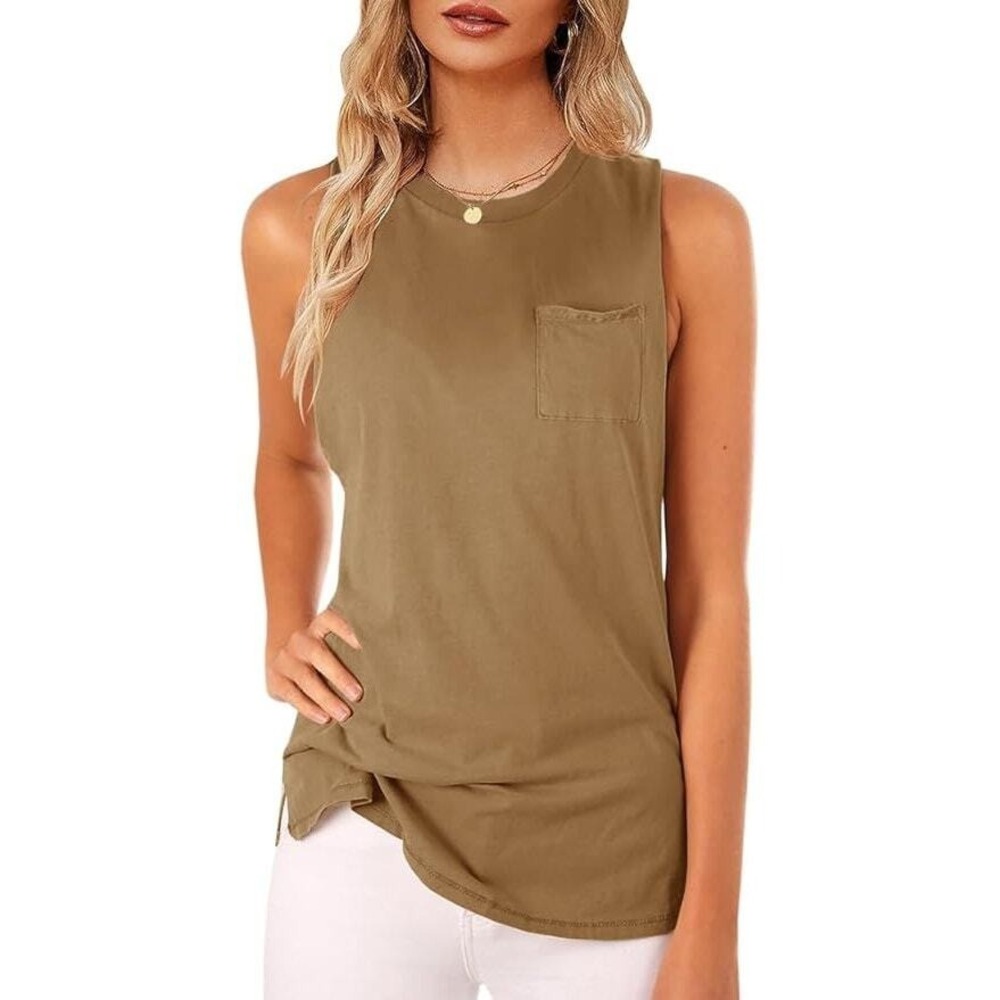 Women High Neck Tank Top Sleeveless Blouse T-Shirts Pocket Cami Summer Top 2XL